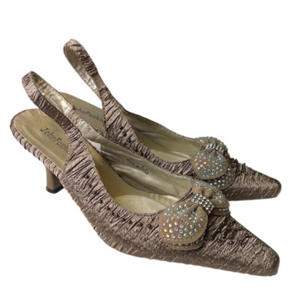 Sling Back‎ Kitten Heels Champaign Embellished Bow Whimsical Dress Shoes Fairy